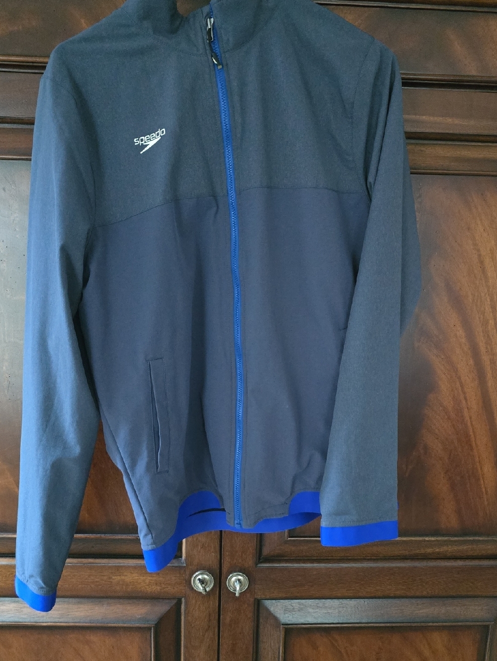 Speedo Men's Dark Navy Warmup Tech Zip-Front Jacket with Royal Blue Trim